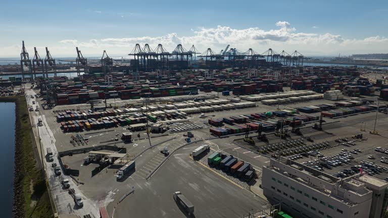 Aerial Hyper Lapse of Busy Container Terminal in the Port of LA