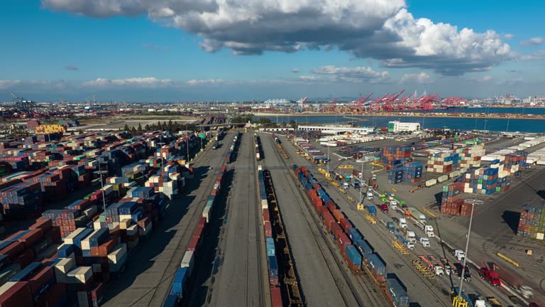 Backwards Drone Flight Over Freight Train in the Port of Los Angeles - Hyper Lapse