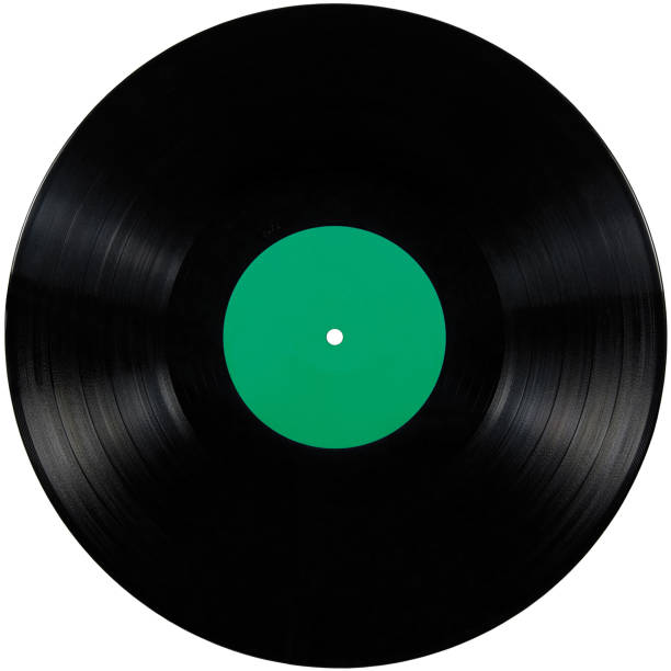 istock Black vinyl record lp album disc, isolated long play disk, blank empty label in emerald green, large detailed copy space background flat lay macro closeup 1448650802