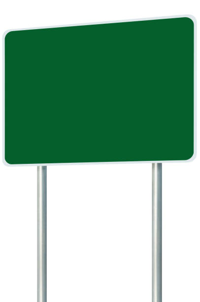 istock Blank Empty Green Road Sign Copy Space Background, Isolated Large Detailed Perspective Vertical Closeup, White Frame Roadside Signpost Signboard Traffic Signage, Grey Pole Posts 1448650807
