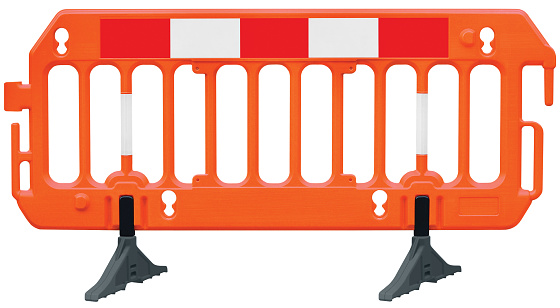 Obstacle detour road barrier fence roadworks barricade, orange red white luminescent stop signal sign, seamless isolated closeup, horizontal traffic safety railing warning signage, large detailed temporary access reroute, brand new PVC block