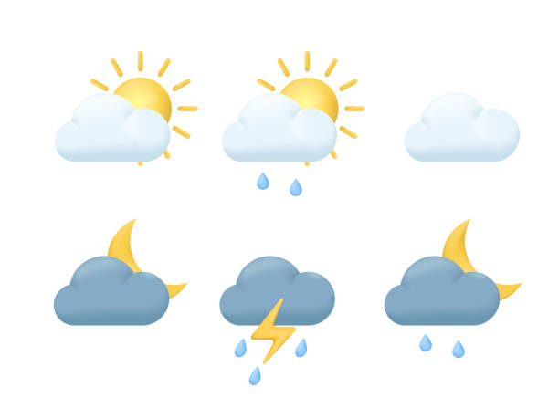 istock 3d cartoon weather icons set. Sun, moon, cloud, rain, lightning, thunderstorm 1448651689
