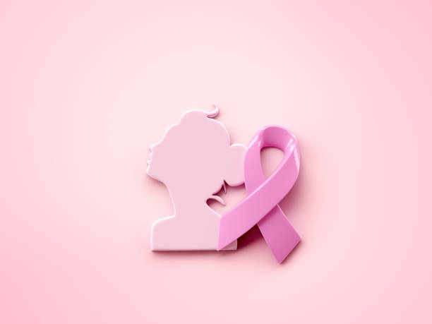 Pink ribbon and women symbol for Breast Cancer Awareness symbolic on pink background, protect and monitor breast cancer promote in October month campaign concept, 3d rendering stock photo