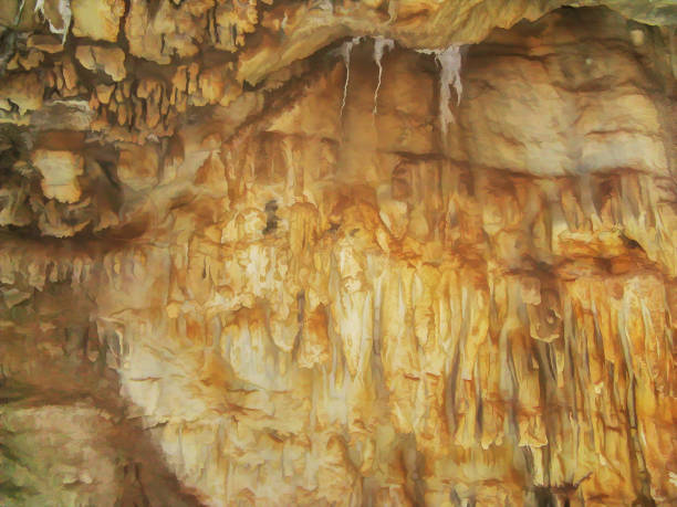 Abstract drawing of an underground cave with stalactites and stalagmites. Limestone karst formation. Travel and vacation concept. Digital painting. Abstract naturalism, relief pattern Abstract drawing of an underground cave with stalactites and stalagmites. Limestone karst formation. Travel and vacation concept. Digital painting. Abstract naturalism, relief pattern. digital underground stock illustrations