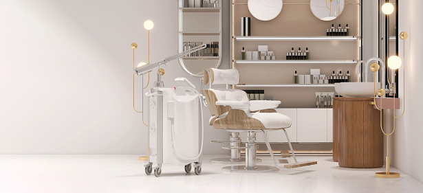 Modern and elegant interior design of professional beauty salon and spa with luxury styling chair, facial and hair treatment machine, cosmetic products shelf with empty space for product display background