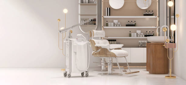 Modern and elegant interior design of professional beauty salon and spa with luxury styling chair, facial and hair treatment machine, cosmetic products shelf with empty space Modern and elegant interior design of professional beauty salon and spa with luxury styling chair, facial and hair treatment machine, cosmetic products shelf with empty space for product display background home pedicure stock pictures, royalty-free photos & images