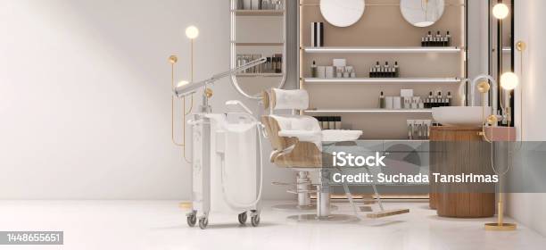 Modern And Elegant Interior Design Of Professional Beauty Salon And Spa With Luxury Styling Chair Facial And Hair Treatment Machine Cosmetic Products Shelf With Empty Space Stock Photo - Download Image Now