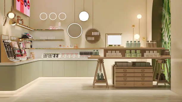 Elegant and luxury interior design of beauty cosmetic shop with wooden and gold shelf, pastel green cabinet and display in cream beige wall and decorative mirror and light for product display background