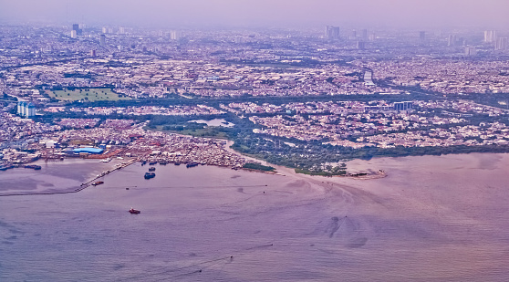 aerial view of the estuary of the river in Jakarta Bay