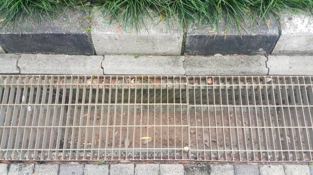 istock Iron gutter cover or sewer drain on the roadside 1448657501