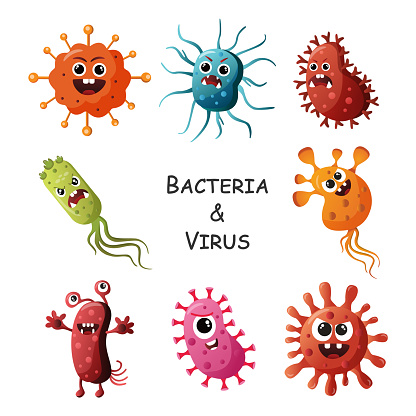 Bacteria and virus cartoon characters design . Vector .