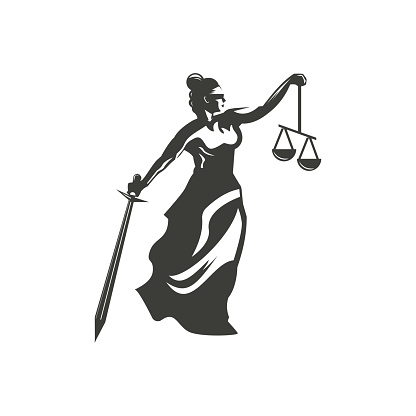 Goddess of Justice symbol design illustration. Woman holding scales and sword, Woman with blindfold taking court design inspiration
