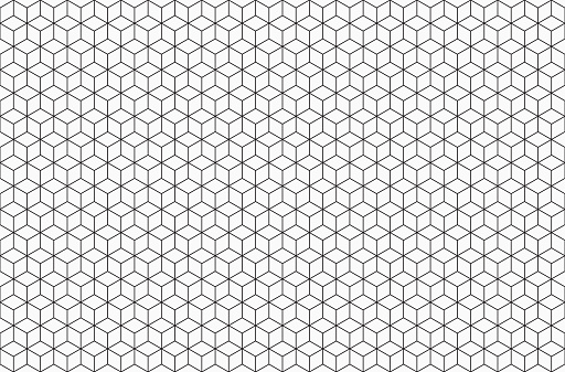 Geometric line art background. Simple artwork illustration of flat shapes, square segments, parallelograms, rhombuses, hexagons. Luxury premium seamless pattern backdrop, vector in black and white.