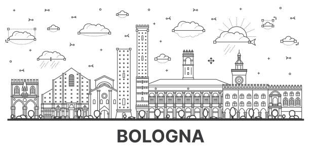 白い背景に歴史的建造物を持つボローニャイタリアのスカイラインの概要。 - bologna点のイラスト素材／クリップアート素材／マンガ素材／アイコン素材