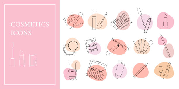 A large Set of decorative cosmetics icons with colored spots A large Set of decorative cosmetics icons with colored spots. vector illustration eyeliner brush stock illustrations