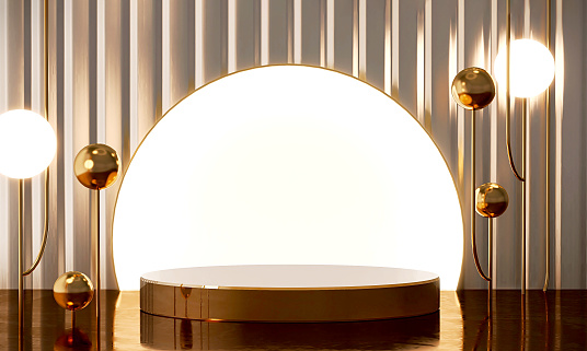 Gold shiny steel podium stage with round spotlight backlight and modern design sphere lamp on counter with corrugated metal sheet in background for luxury and elegant product display