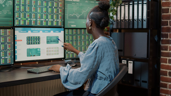 African american analyst trading stock market exchange and using multi monitors, financial forex investment in hedge fund bank. Capital share sales with numbers and statistics on charts.