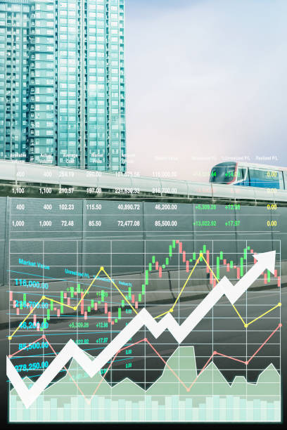 Stock financial index with graph, chart, candlesticks, arrow up and data number show successful investment on property closed to overhead electric sky train urban industry background. stock photo