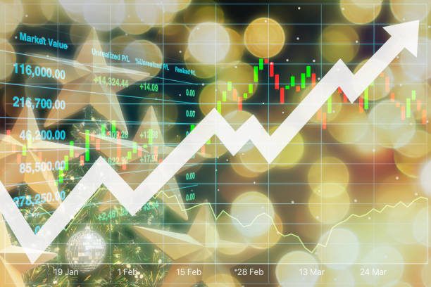 Stock financial index data show successful investment on gifts and holiday items spending on Christmas and New Year with graph, chart, candlesticks and arrow up symbol for business background. stock photo