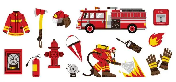 Vector illustration of Fire truck with equipment. Firefighter characters with red rescue transport extinguisher hydrant bucket, fireman department instruments. Vector set