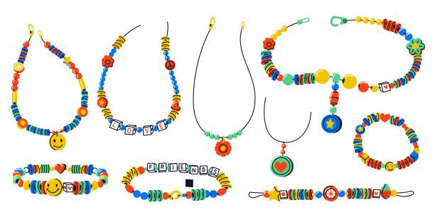 ilustraciones, imágenes clip art, dibujos animados e iconos de stock de collar para niños. hecho a mano groovy child beads pulsera colgante estilo dibujos animados, accesorios hippies brillantes hechos a mano que elaboran el concepto de pasatiempo. conjunto vectorial - necklace jewelry bead isolated