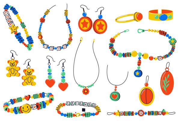 Cartoon jewelry collection. Doodle necklace locket ring bracelet pendant earrings flat style, precious bijouterie accessory elements. Vector isolated set Cartoon jewelry collection. Doodle necklace locket ring bracelet pendant earrings flat style, precious bijouterie accessory elements. Vector isolated set. Cute handmade fashion crafting cartoon of the clothes line stock illustrations