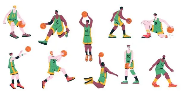 Vector illustration of Men basketball players. Set of male characters training throwing ball in basket, sport team in uniform playing game cartoon flat style. Vector collection