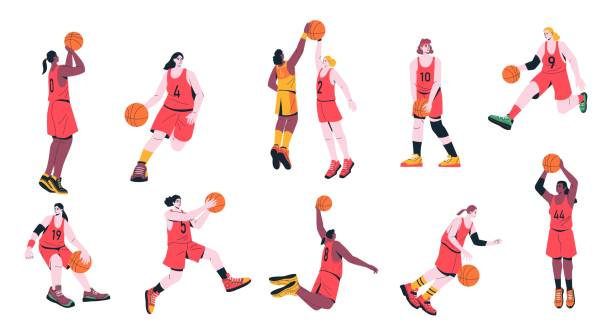 illustrazioni stock, clip art, cartoni animati e icone di tendenza di ragazze giocatrici di basket. personaggi femminili dei cartoni animati che giocano al gioco sportivo, atlete in uniforme che si allenano lanciando la palla nel canestro. set colorato vettoriale - basketball child dribbling basketball player