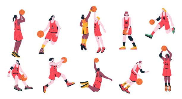koszykarki. postacie z kreskówek grające w grę sportową, zawodniczki w mundurach trenujących rzucające piłkę do kosza. wektorowy kolorowy zestaw - basketball team sports healthy lifestyle isolated objects stock illustrations