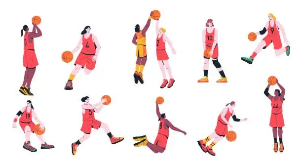Vector illustration of Girl basketball players. Cartoon woman characters playing sport game, female athletes in uniform training throwing ball in basket. Vector colorful set