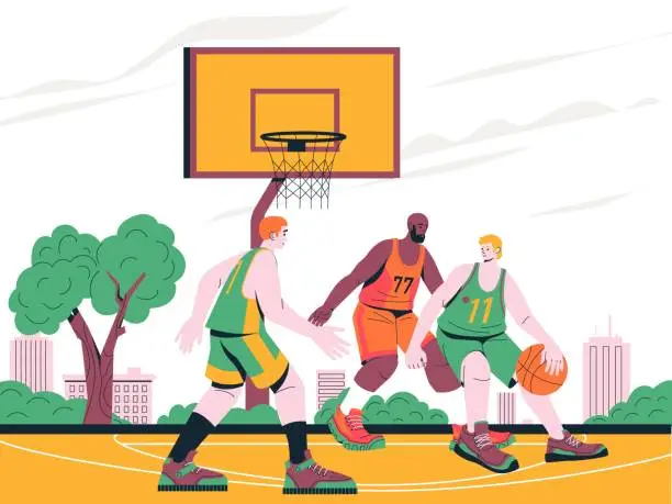 Vector illustration of 2211.m10.i019.n017.S.c15.1240769482 Basketball match illustration. Cartoon players playing ball on outdoor court with basket, sport activities concept with cityscape scenery. Vector background