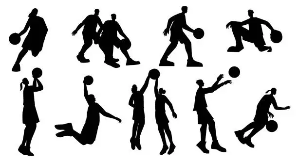 Vector illustration of Basketball players silhouettes. Set of athlete characters run dribble jump block pass ball, sport game tournament concept. Vector collection