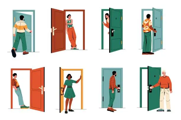 Vector illustration of Person go out the door. Male female cartoon characters enter open close doorway, people leaving room standing outside apartment entrance. Vector set