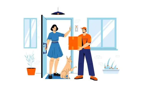 Vector illustration of Delivery to door. Cartoon deliveryman gives customer order to client, cartoon courier mailman with parcel near doorway food logistic concept. Vector illustration