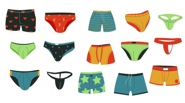 stockillustraties, clipart, cartoons en iconen met 2211.m10.i019.n032.s.c15.2218065723 men swimming underpants. male swimsuit garment colorful underwear, cartoon flat boxer trunk shorts everyday brief clothing. vector isolated set - damesonderbroek