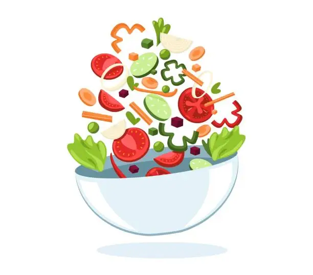 Vector illustration of Bowl with flying vegetables. Fresh healthy meal with organic salad vegetarian food, cartoon flat organic ingredients mixed cooking dish. Vector illustration. Chopped and sliced veggies