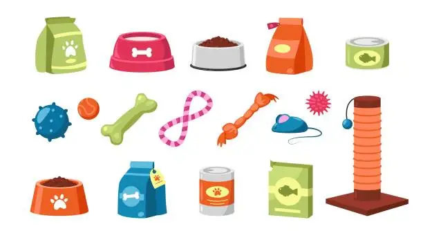 Vector illustration of Pet toys. Colorful cartoon accessory products for dogs or cats, assortment of veterinary shop for domestic animals