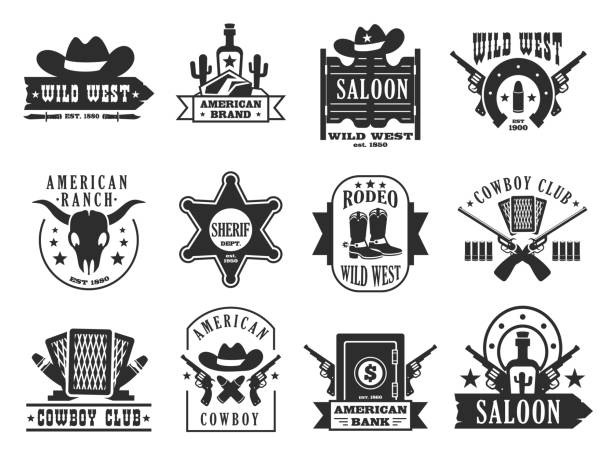 ilustrações de stock, clip art, desenhos animados e ícones de wild west logo. western american cowboy badges with cactus horse lasso gun elements, cartoon flat emblems for print stamp label design. vector set - cowboy wild west silhouette gun