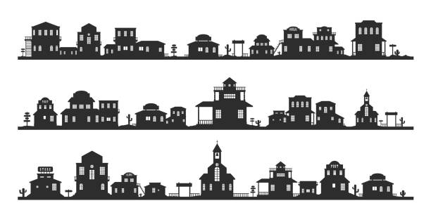 2211.m10.i015.n007.f.c07.161802773 панорама западного силуэта. дикий запад традиционных зданий ландшафта, монохромный фон со старыми загородными уличными - west facade stock illustrations