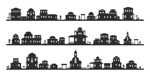 Western silhouette panorama. Wild west traditional buildings landscape, monochrome background with old country street houses. Vector collection. Town or village construction architecture