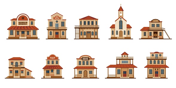 Wild west buildings. Cartoon western american traditional house facade collection, saloon bank bar church tavern exterior view. Vector isolated set. Construction with porch and balcony