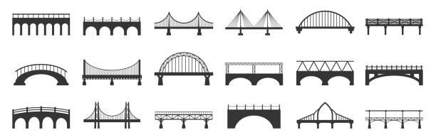 2211.m10.i015.n013.f.c07.1391991536 silhouette der brücke. abstrakte fußgängerbrückenkonstruktionen mit steinernen metallträgern, industrielle stadtarchitektur mit schwarzen ikonen. vektorisolierte menge - bridge stock-grafiken, -clipart, -cartoons und -symbole