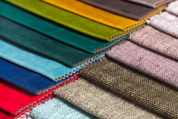 istock Multi colored set of upholstery fabric samples for selection, collection of textile swatches 1448680611