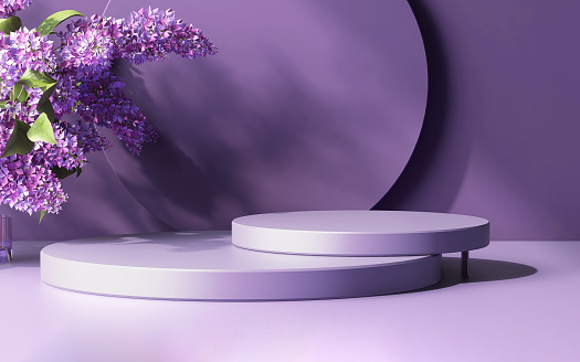 Two layer glossy lavender purple round podium on table counter, lilac flower branch in sunlight, leaf shadow on matte purple wall background for luxury beauty, cosmetic product display backdrop