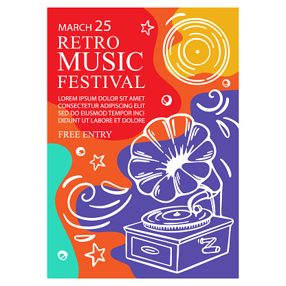 RETRO MUSIC FESTIVAL Vertical Banner Concert Poster With Gramophone And Record Inviting Abstract Text On Abstract Background Hand Drawn Vector Design Sketch