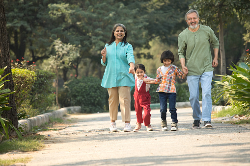 Happy Indian grandparents holding playful grandchildren's hands and walking on footpath while spending weekend in park against trees