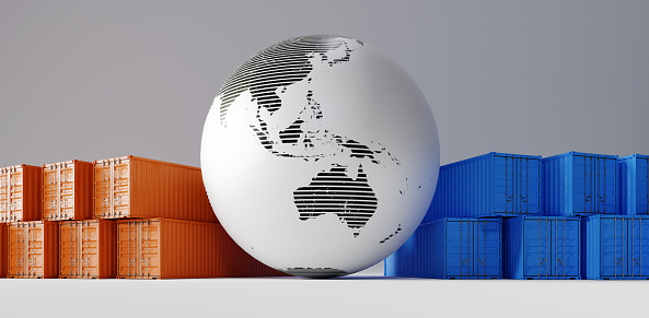 shipping containers and white global earth sphere background, 3d rendering