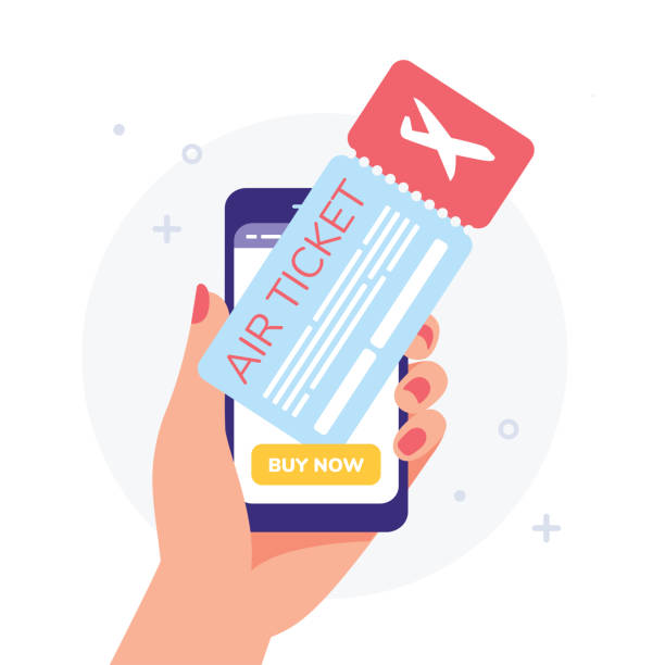 ilustrações de stock, clip art, desenhos animados e ícones de woman hand holding smartphone with air ticket and button buy now. vector illustration, flat design - auction interface icons push button buy