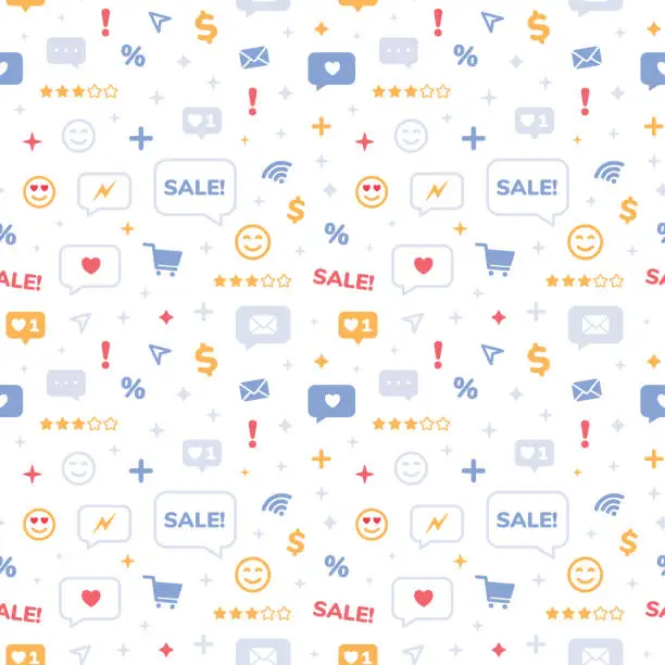 Vector illustration of Online shopping seamless pattern with emoji, smiles, messages, social media elements. Textile design in flat style.