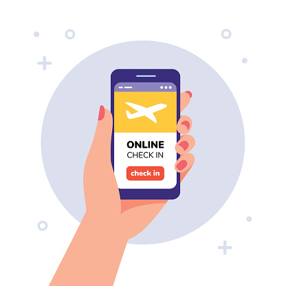 Online check in on flight concept. Female Hand holding smartphone with online check in button and airplane icon on screen. Mobile application Concept. Vector illustration in flat style.